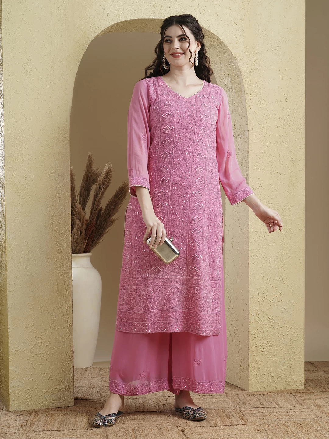 Ada Hand Embroidered Pink Viscose Georgette Lucknowi Chikankari Co-Ord Set With Pearl Work 01A302535