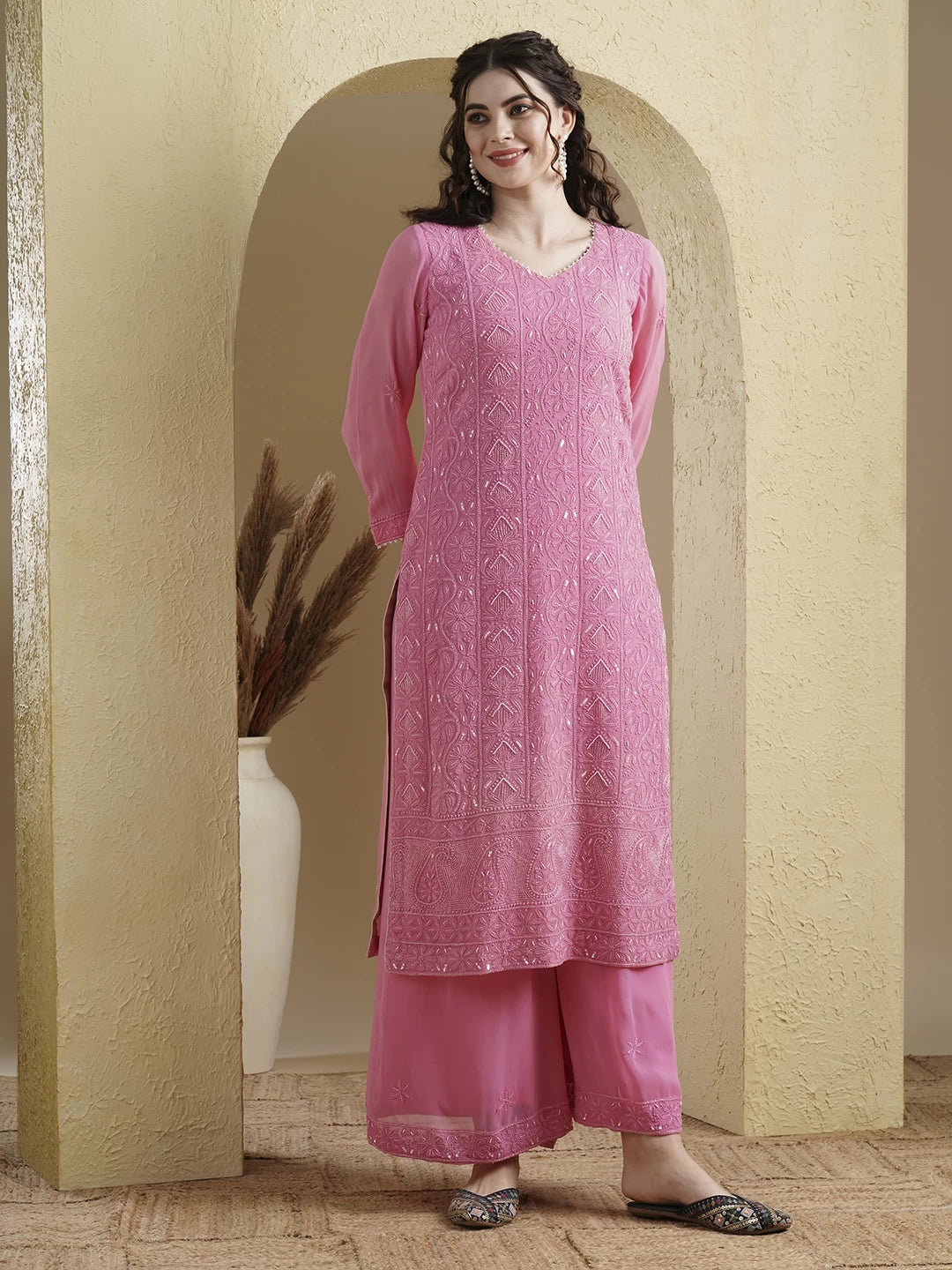 Ada Hand Embroidered Pink Viscose Georgette Lucknowi Chikankari Co-Ord Set With Pearl Work 01A302535