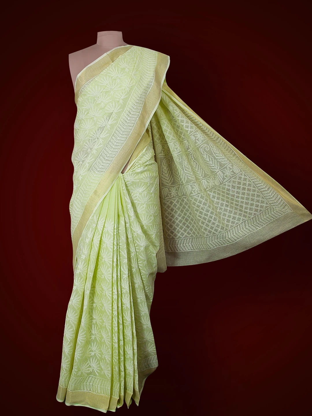 Ada Hand Embroidered Pista Green Kota Lucknowi Chikankari Saree With Blouse 01A525499
