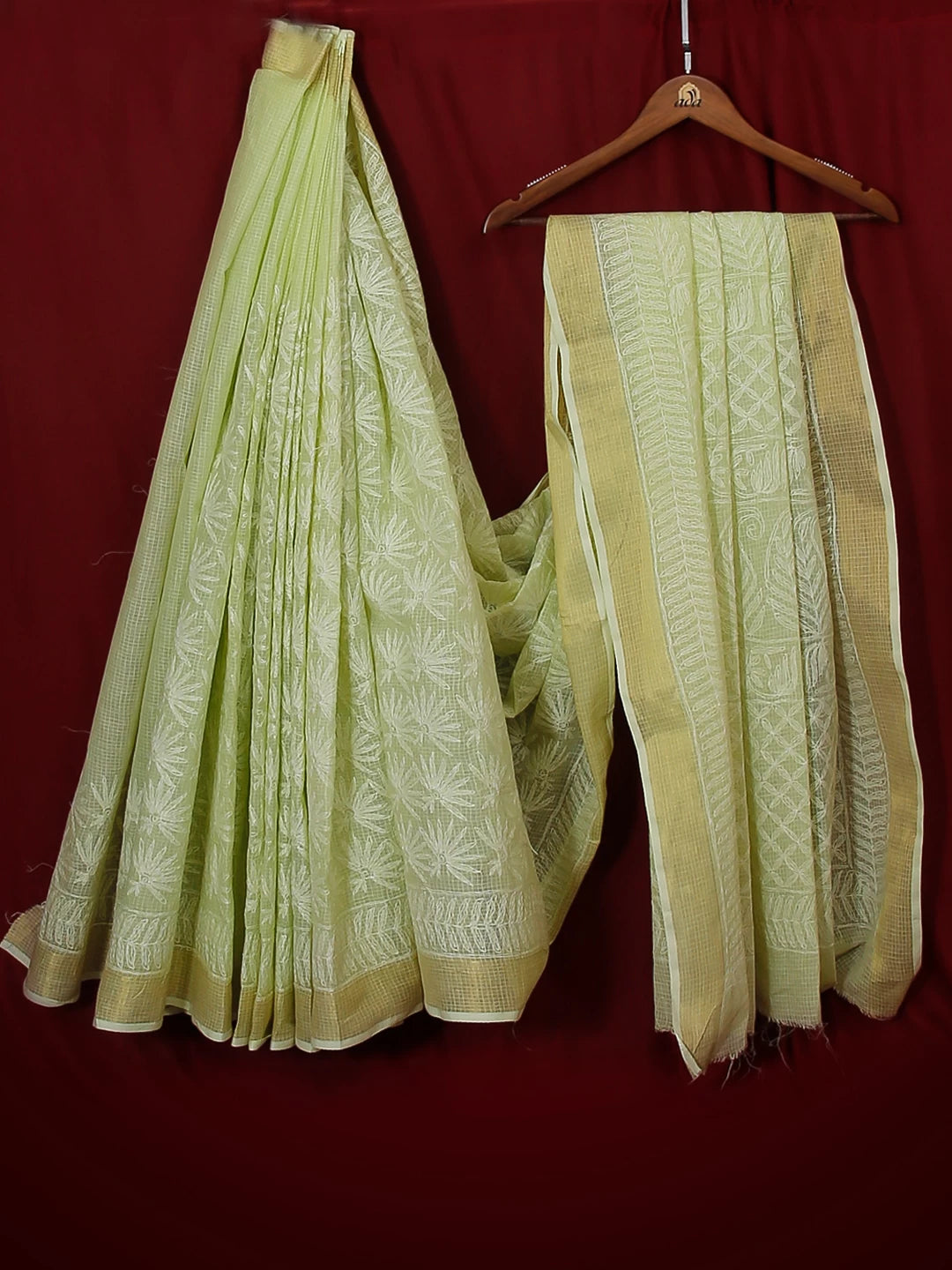 Ada Hand Embroidered Pista Green Kota Lucknowi Chikankari Saree With Blouse 01A525499