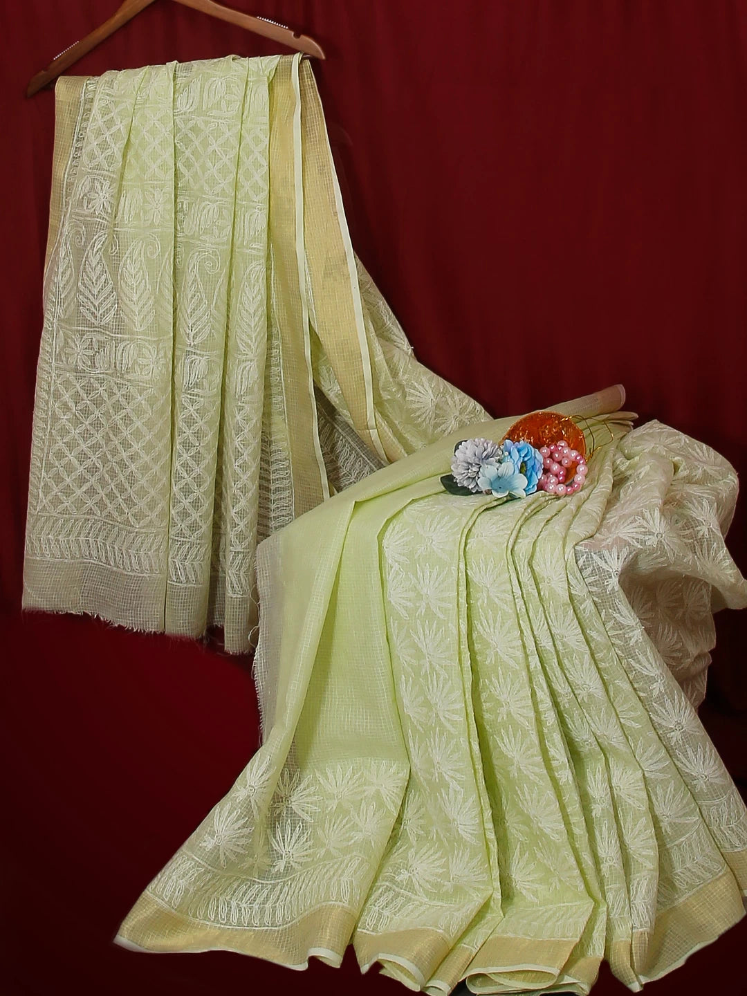 Ada Hand Embroidered Pista Green Kota Lucknowi Chikankari Saree With Blouse 01A525499