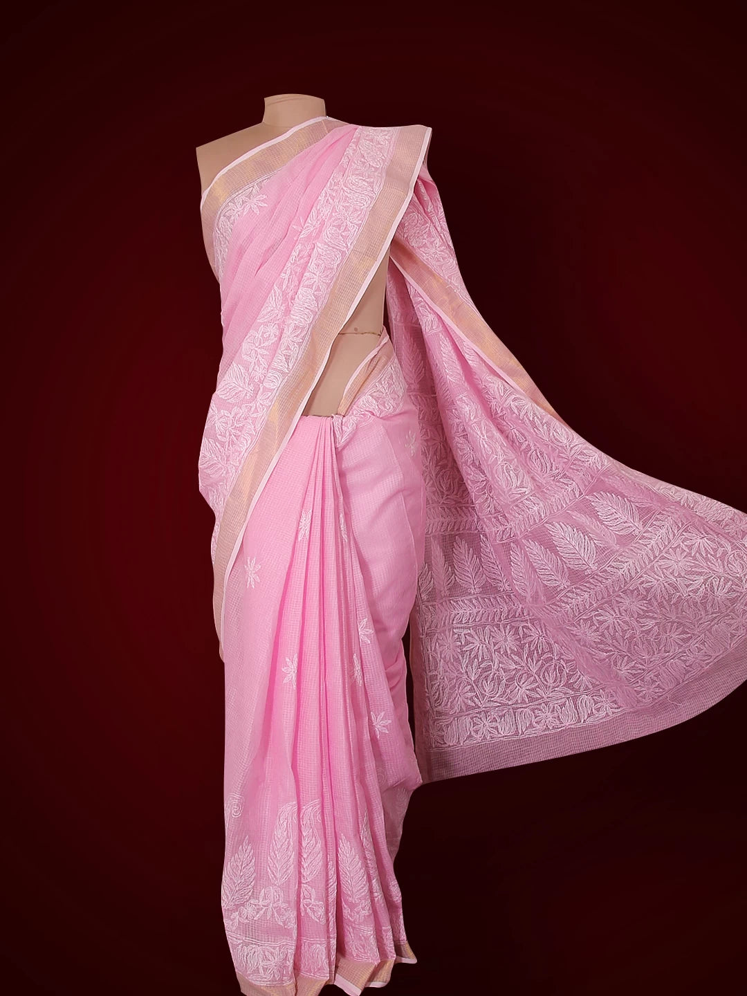 Ada Hand Embroidered Pink Kota Lucknowi Chikankari Saree With Blouse 01A525403