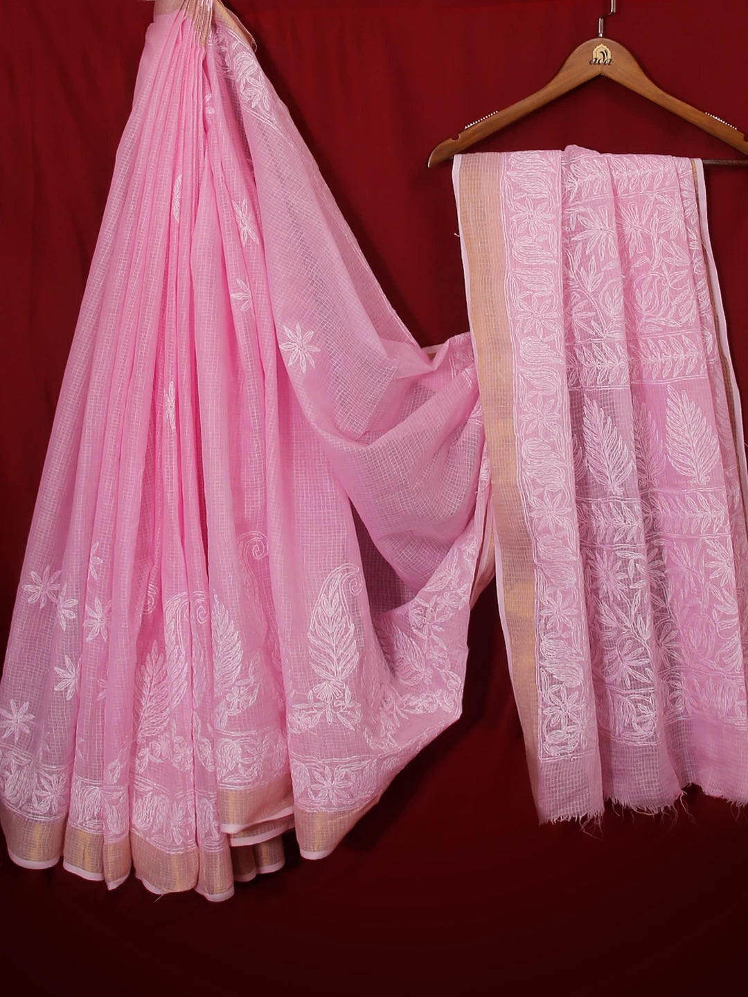 Ada Hand Embroidered Pink Kota Lucknowi Chikankari Saree With Blouse 01A525403