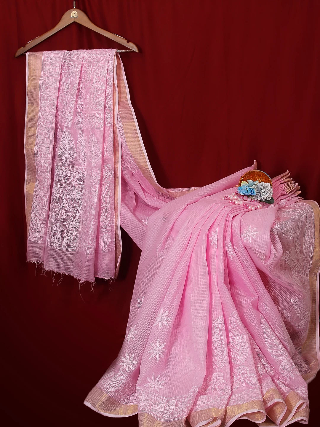 Ada Hand Embroidered Pink Kota Lucknowi Chikankari Saree With Blouse 01A525403