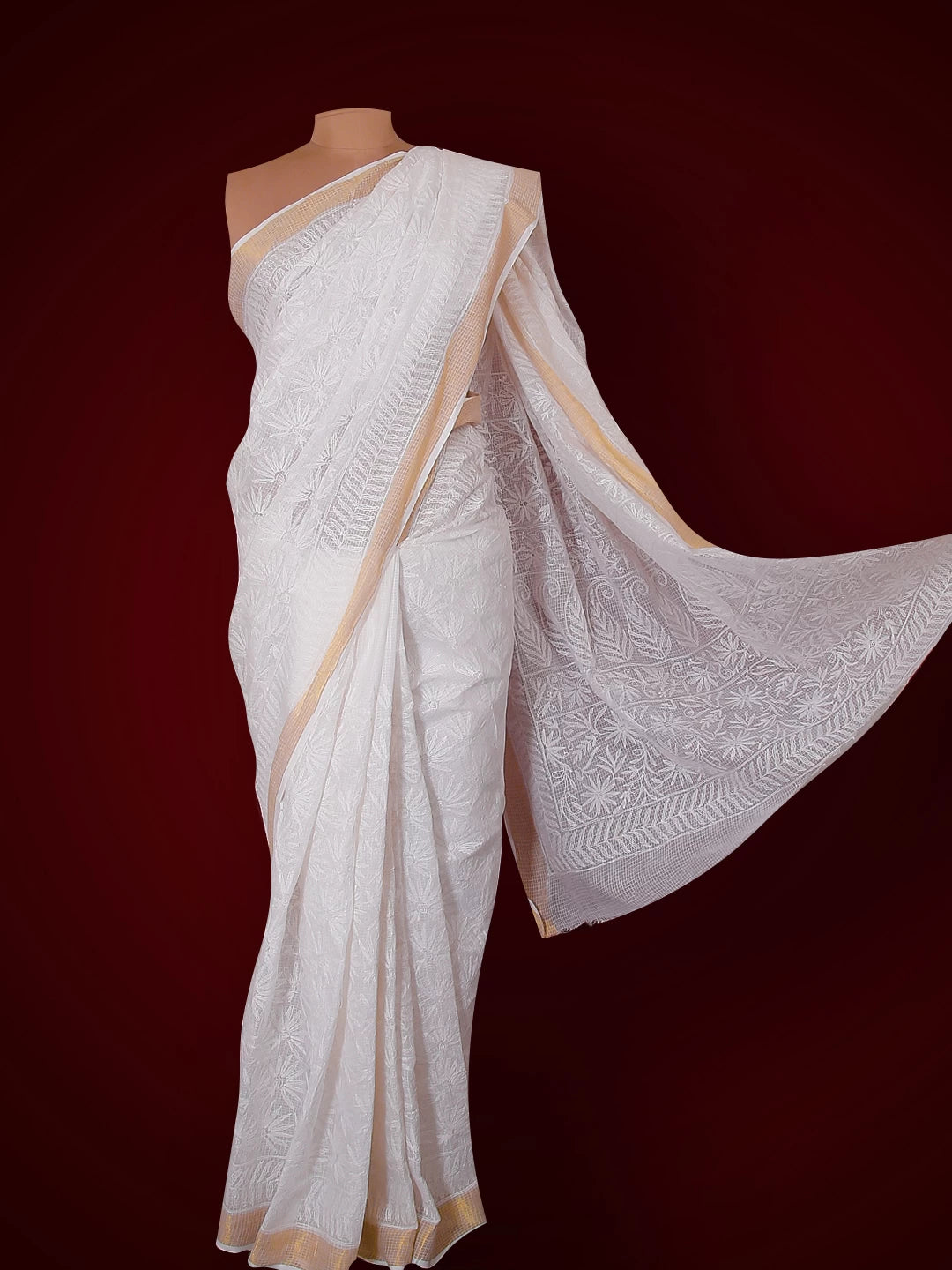 Ada Hand Embroidered White Kota Lucknowi Chikankari Saree With Blouse 01A525484