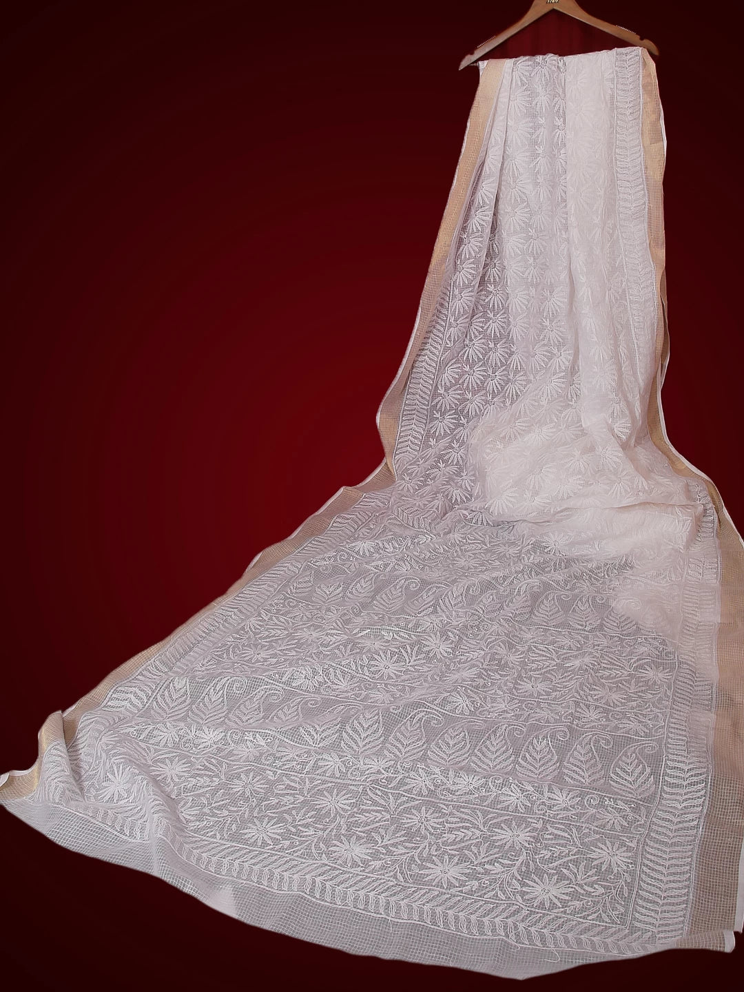 Ada Hand Embroidered White Kota Lucknowi Chikankari Saree With Blouse 01A525484
