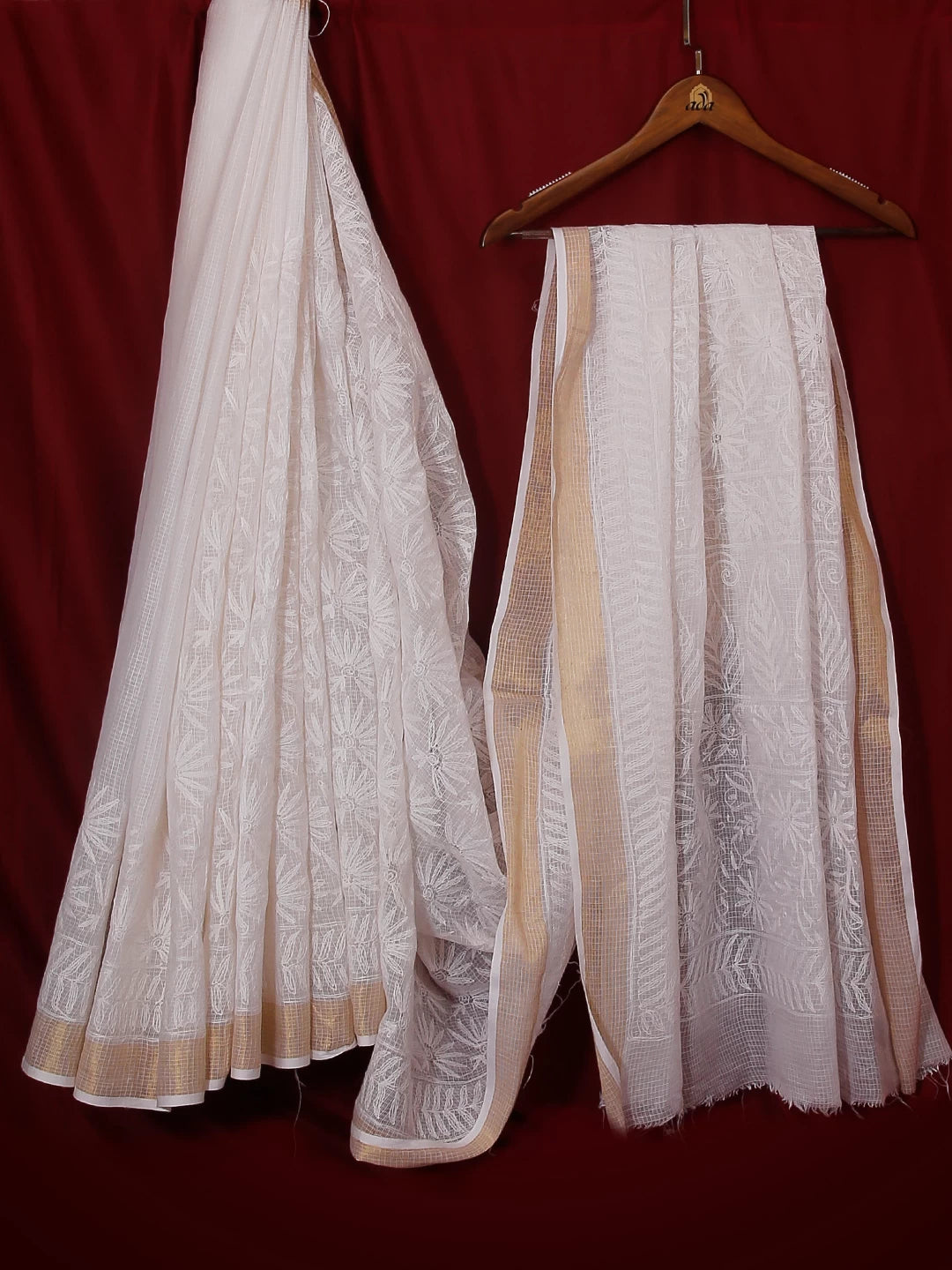 Ada Hand Embroidered White Kota Lucknowi Chikankari Saree With Blouse 01A525484