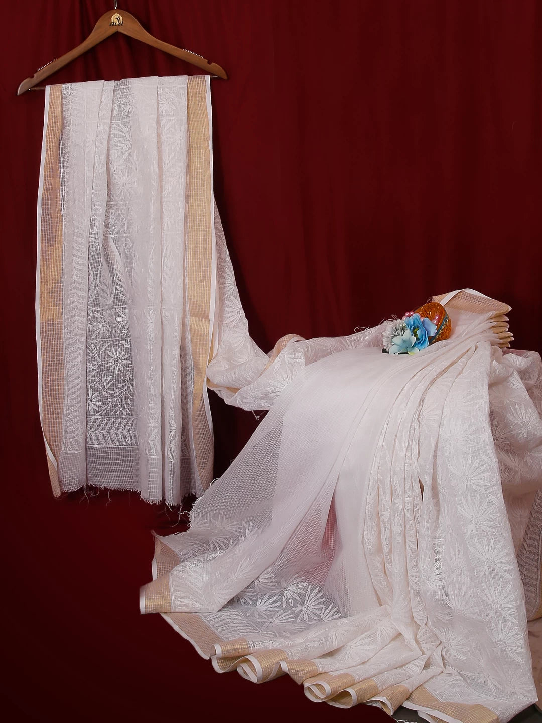 Ada Hand Embroidered White Kota Lucknowi Chikankari Saree With Blouse 01A525484