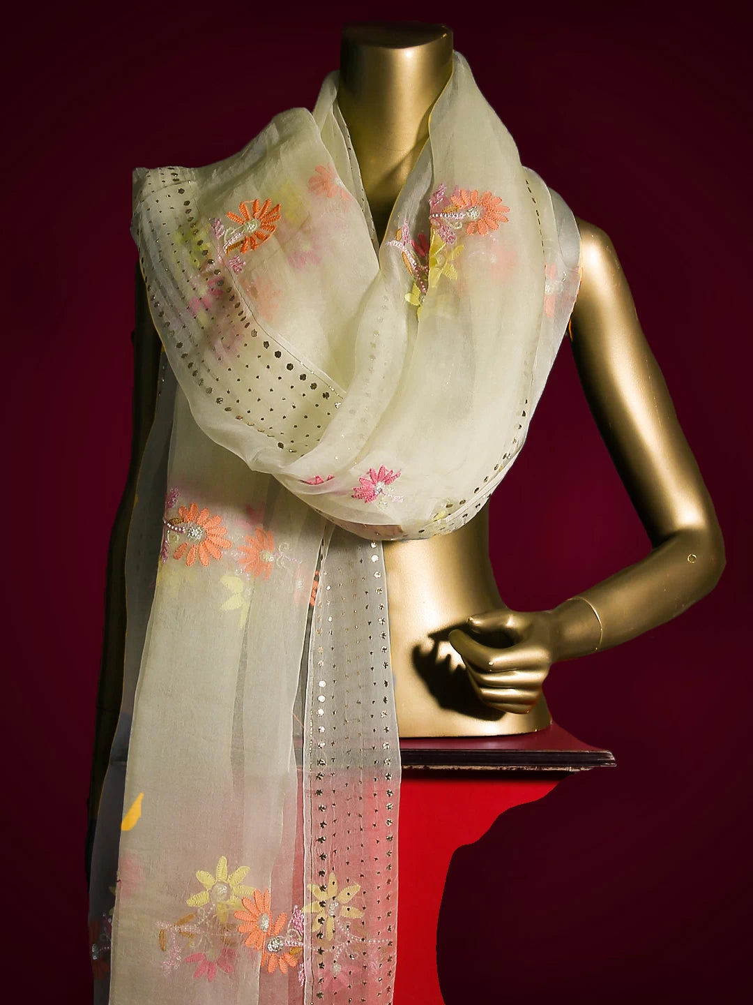 Ada Hand Embroidered Lemon Organza Lucknowi Chikankari Dupatta With Muqaish Work 01A439983