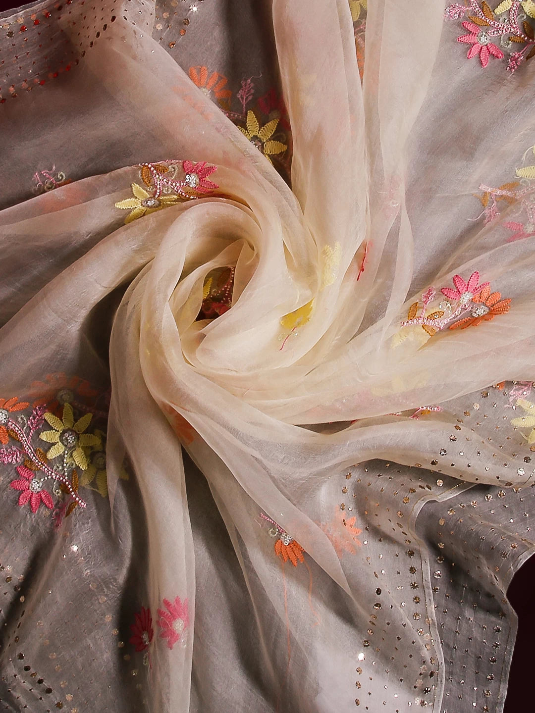 Ada Hand Embroidered Lemon Organza Lucknowi Chikankari Dupatta With Muqaish Work 01A439983