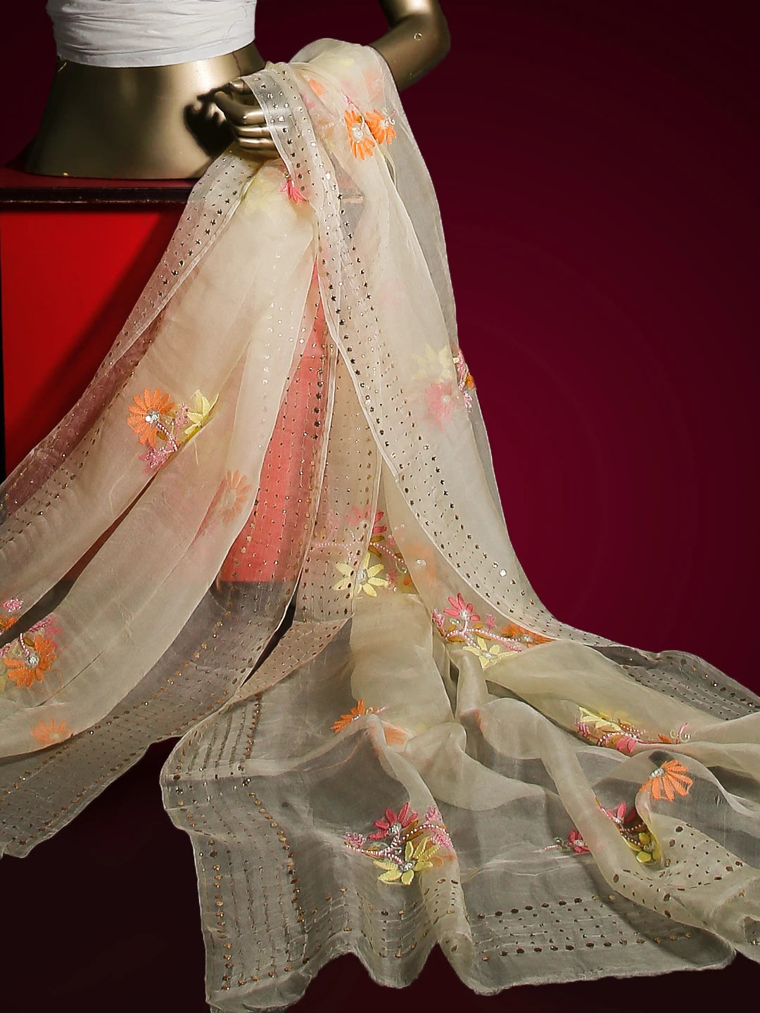 Ada Hand Embroidered Lemon Organza Lucknowi Chikankari Dupatta With Muqaish Work 01A439983