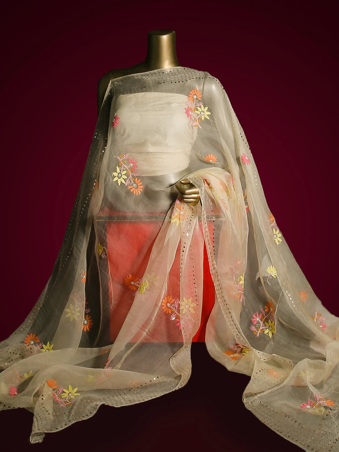 Ada Hand Embroidered Lemon Organza Lucknowi Chikankari Dupatta With Muqaish Work 01A439983