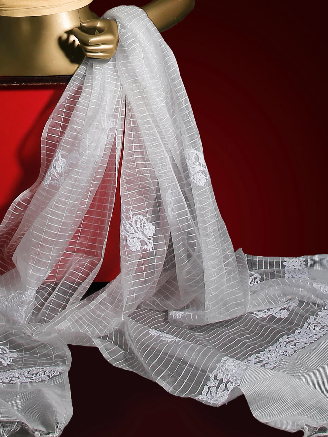 Ada Hand Embroidered Off White Organza Lucknowi Chikankari Dupatta 01A80348