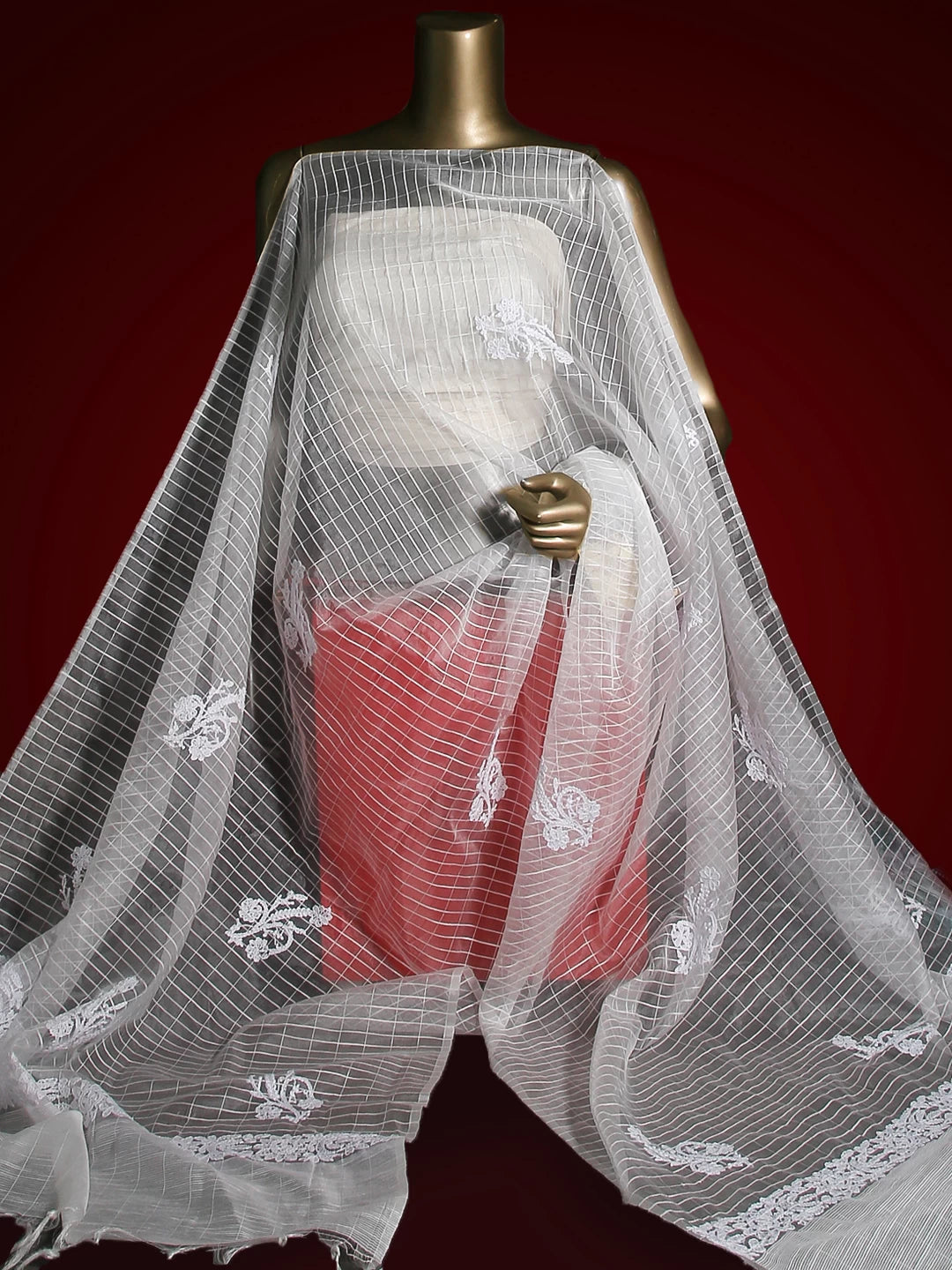 Ada Hand Embroidered Off White Organza Lucknowi Chikankari Dupatta 01A80348