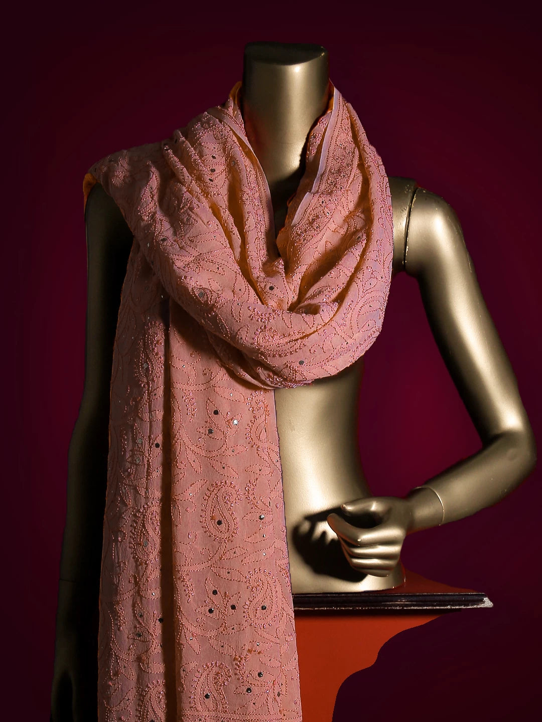Ada Hand Embroidered Peach Pink Pure Georgette Lucknowi Chikankari Dupatta With Muqaish Work 01A177543
