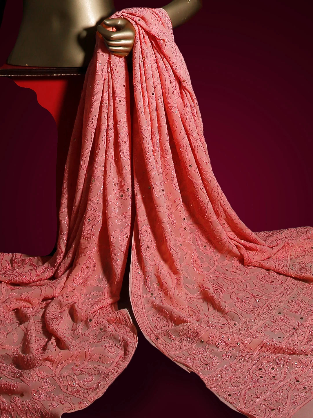 Ada Hand Embroidered Peach Pink Pure Georgette Lucknowi Chikankari Dupatta With Muqaish Work 01A177543