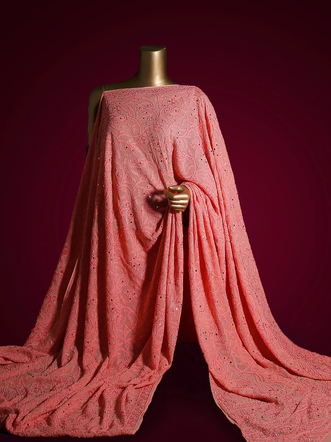 Ada Hand Embroidered Peach Pink Pure Georgette Lucknowi Chikankari Dupatta With Muqaish Work 01A177543
