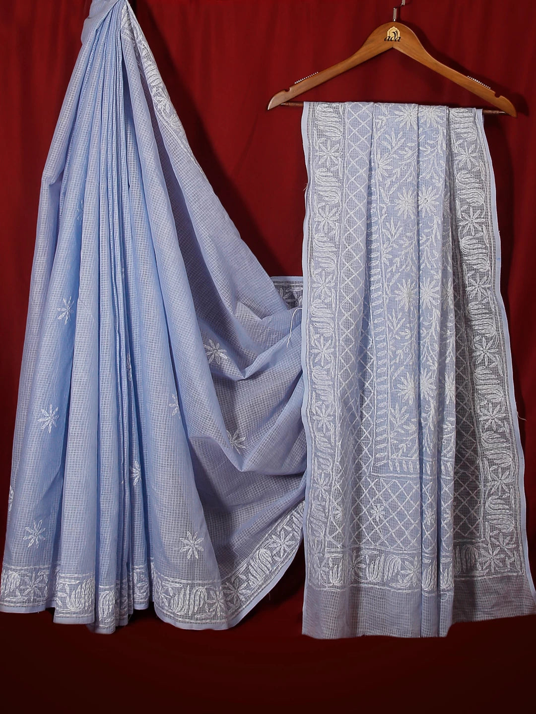 Ada Hand Embroidered Blue Kota Cotton Lucknowi Chikankari Saree With Blouse 01A525460