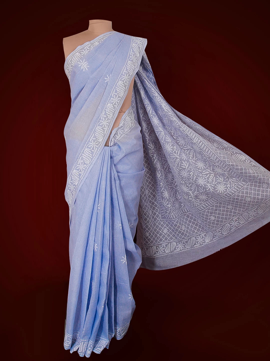 Ada Hand Embroidered Blue Kota Cotton Lucknowi Chikankari Saree With Blouse 01A525460