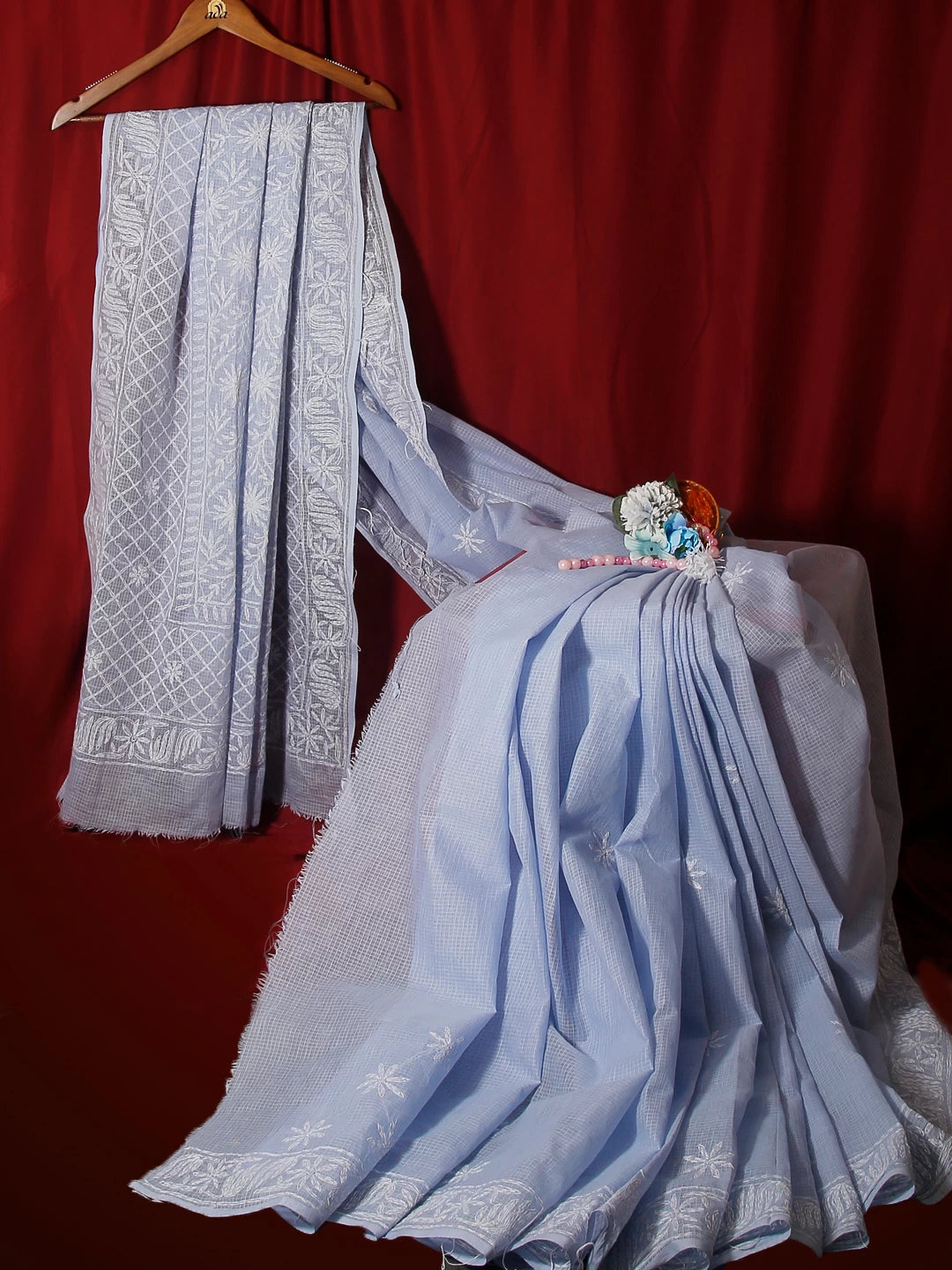 Ada Hand Embroidered Blue Kota Cotton Lucknowi Chikankari Saree With Blouse 01A525460