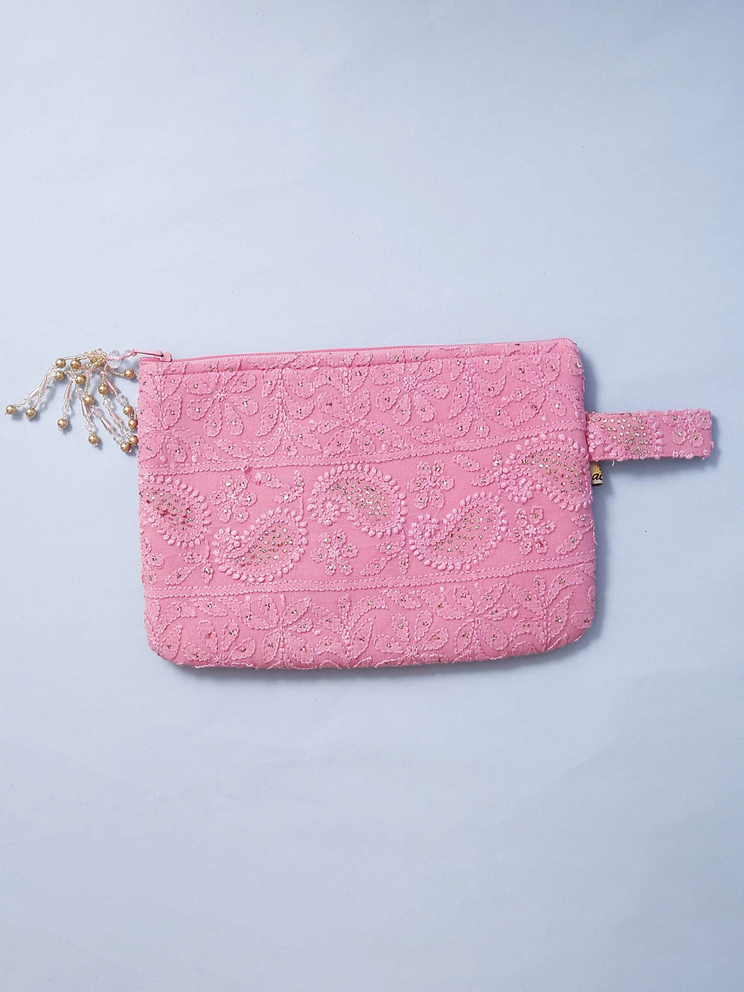 Ada Hand Embroidered Pink Viscose Georgette Lucknowi Chikankari Pouch With Mukaish Work 01A500789