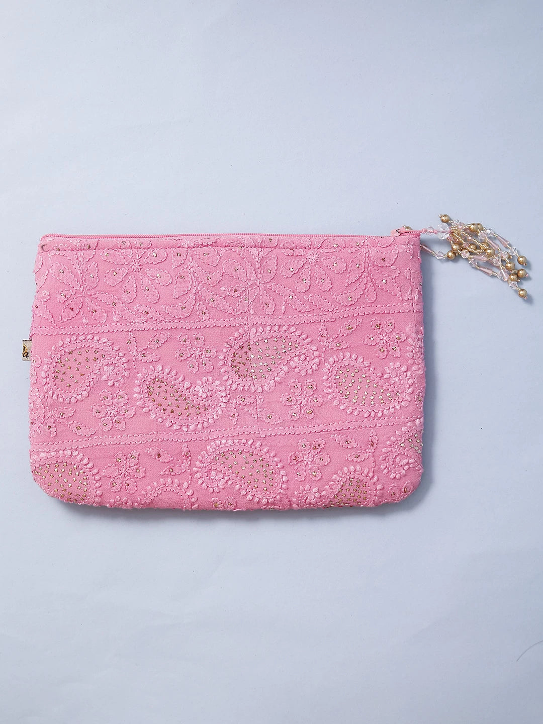 Ada Hand Embroidered Pink Viscose Georgette Lucknowi Chikankari Pouch With Mukaish Work 01A500789