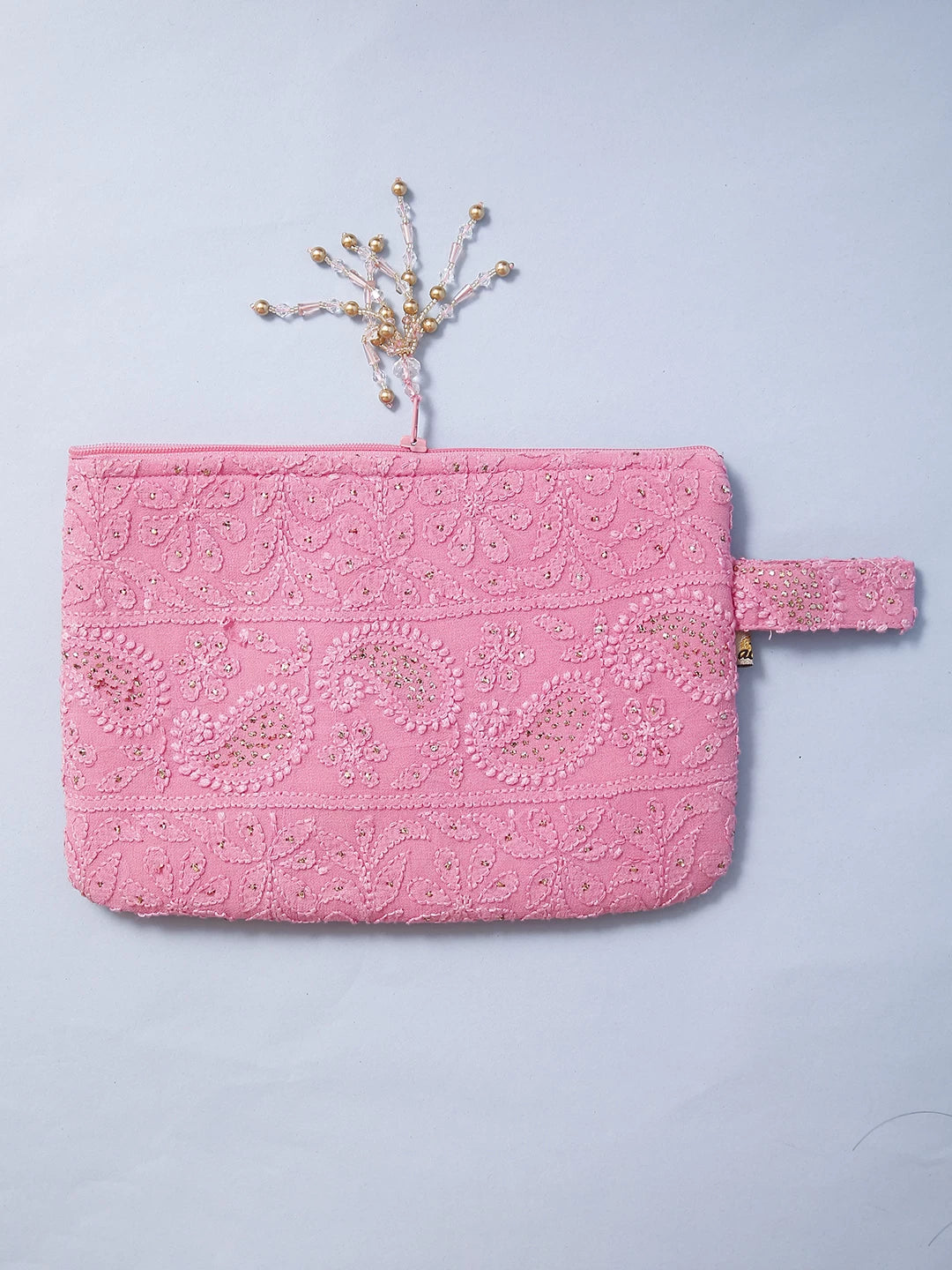 Ada Hand Embroidered Pink Viscose Georgette Lucknowi Chikankari Pouch With Mukaish Work 01A500789