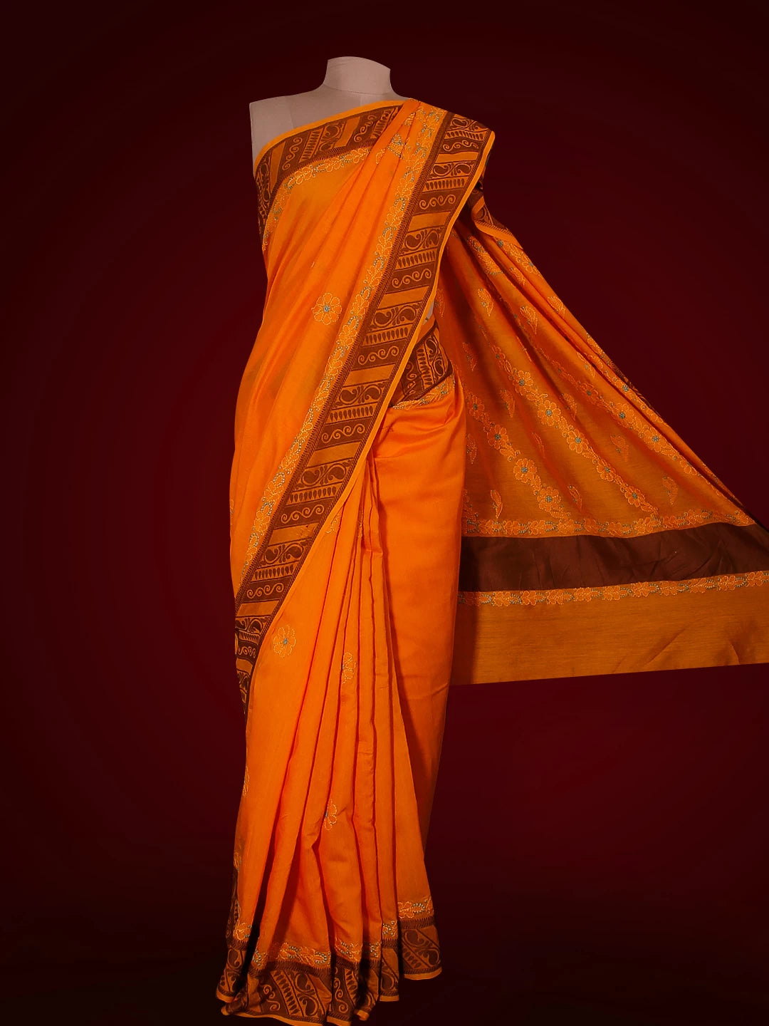 Ada Hand Embroidered Yellow Ochre Chanderi Lucknowi Chikankari Saree With Blouse 01A517450