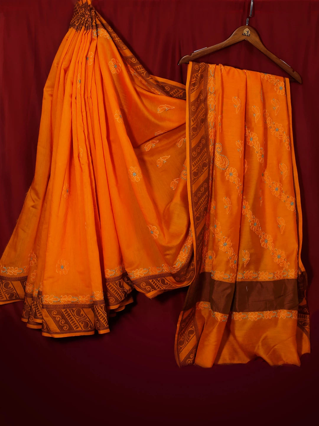 Ada Hand Embroidered Yellow Ochre Chanderi Lucknowi Chikankari Saree With Blouse 01A517450