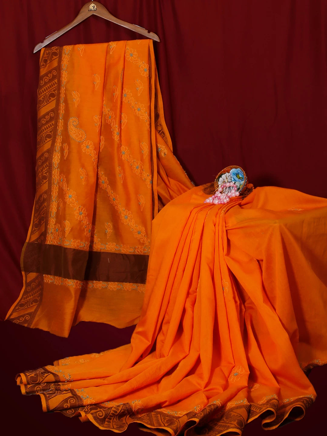 Ada Hand Embroidered Yellow Ochre Chanderi Lucknowi Chikankari Saree With Blouse 01A517450