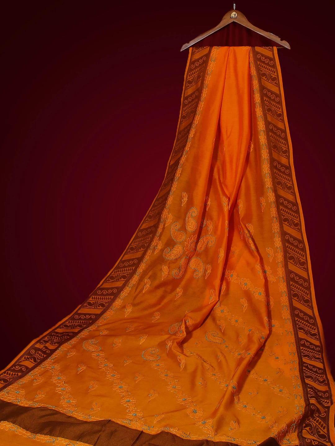 Ada Hand Embroidered Yellow Ochre Chanderi Lucknowi Chikankari Saree With Blouse 01A517450