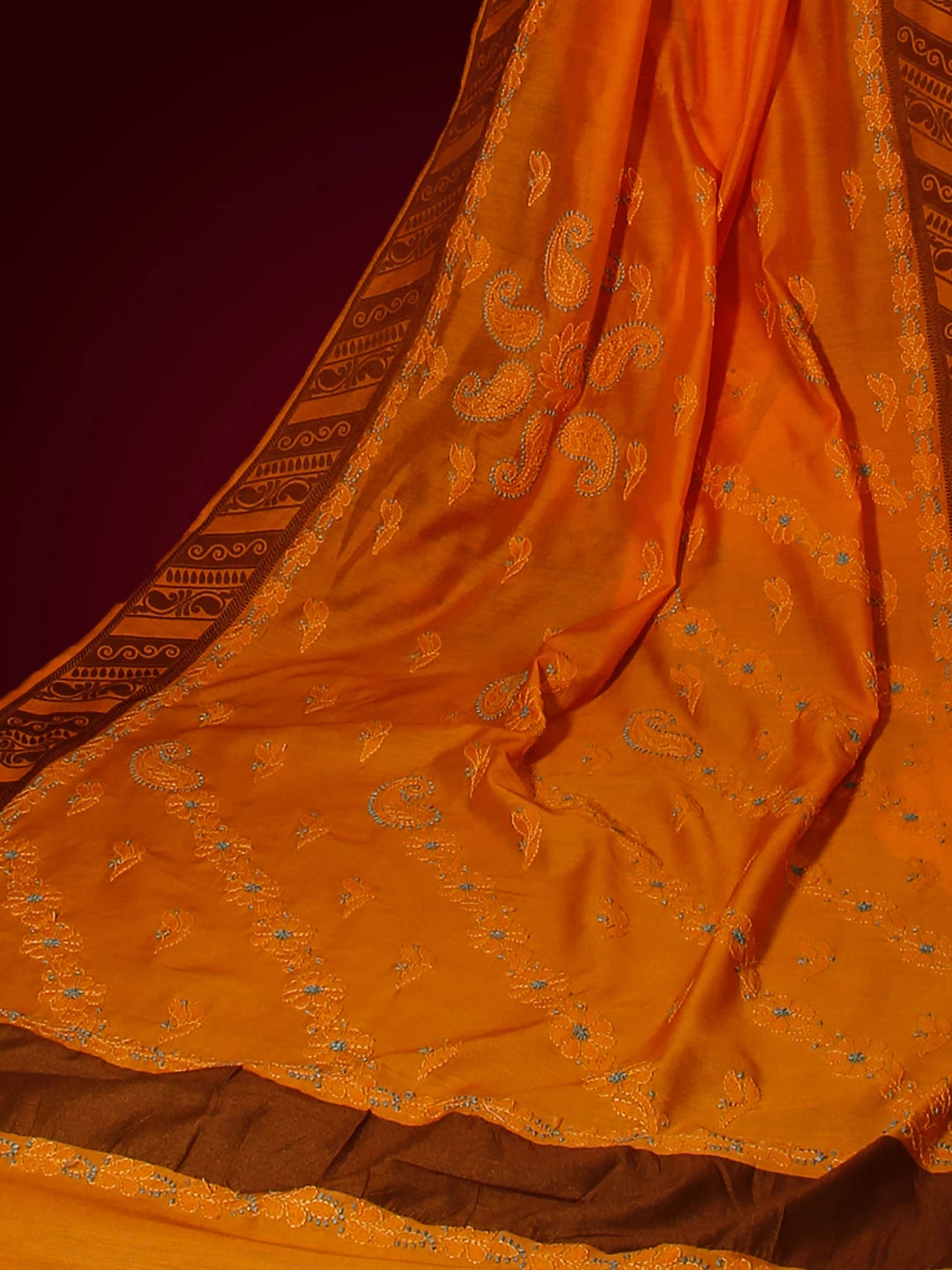 Ada Hand Embroidered Yellow Ochre Chanderi Lucknowi Chikankari Saree With Blouse 01A517450