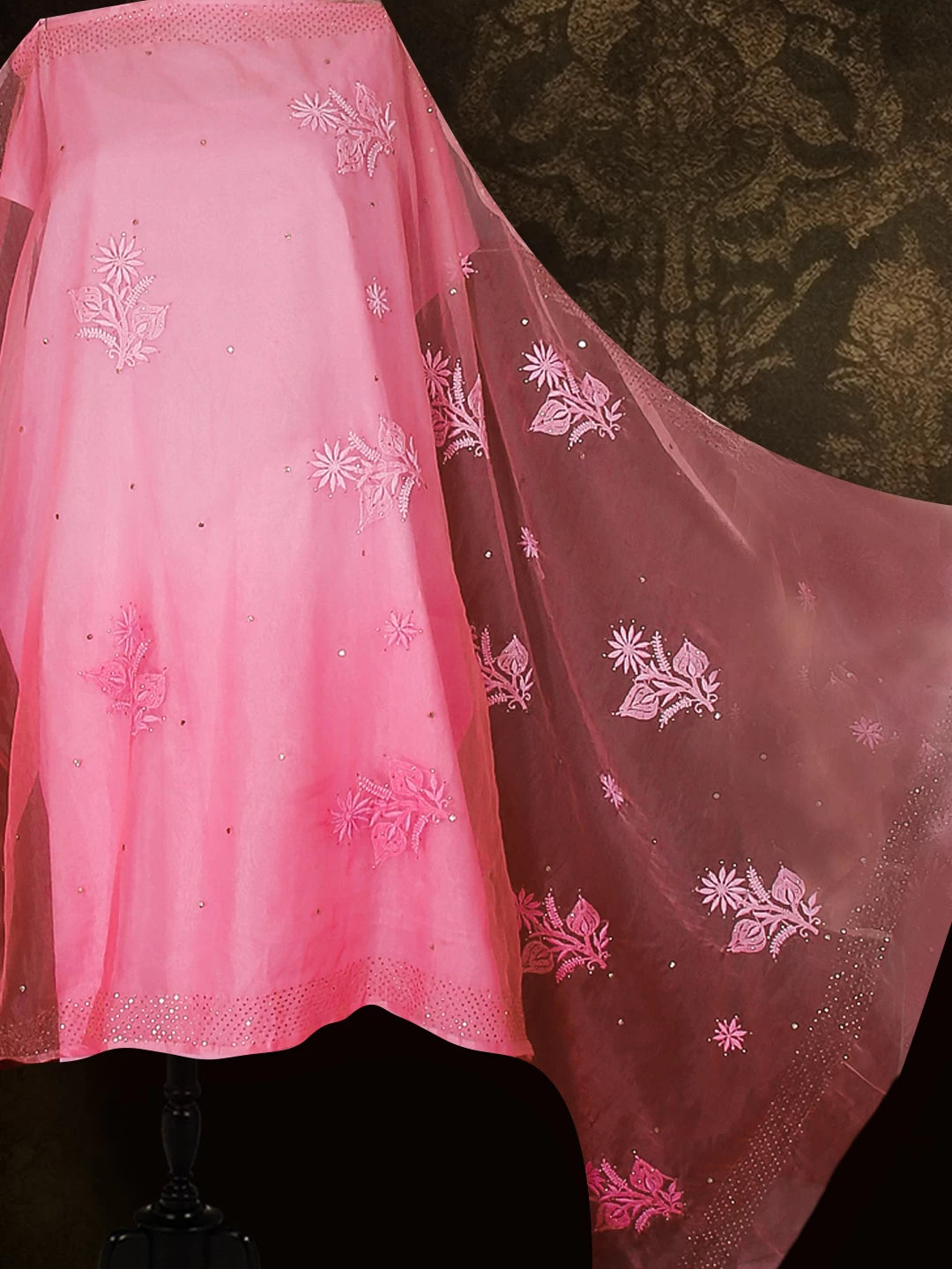Ada Hand Embroidered Momo Peach Organza Lucknowi Chikankari Saree With Blouse And Mukaish Work 01A527914