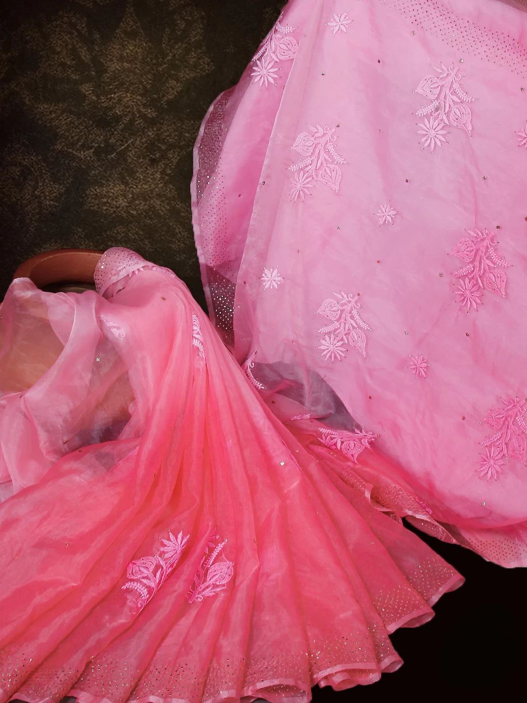 Ada Hand Embroidered Momo Peach Organza Lucknowi Chikankari Saree With Blouse And Mukaish Work 01A527914