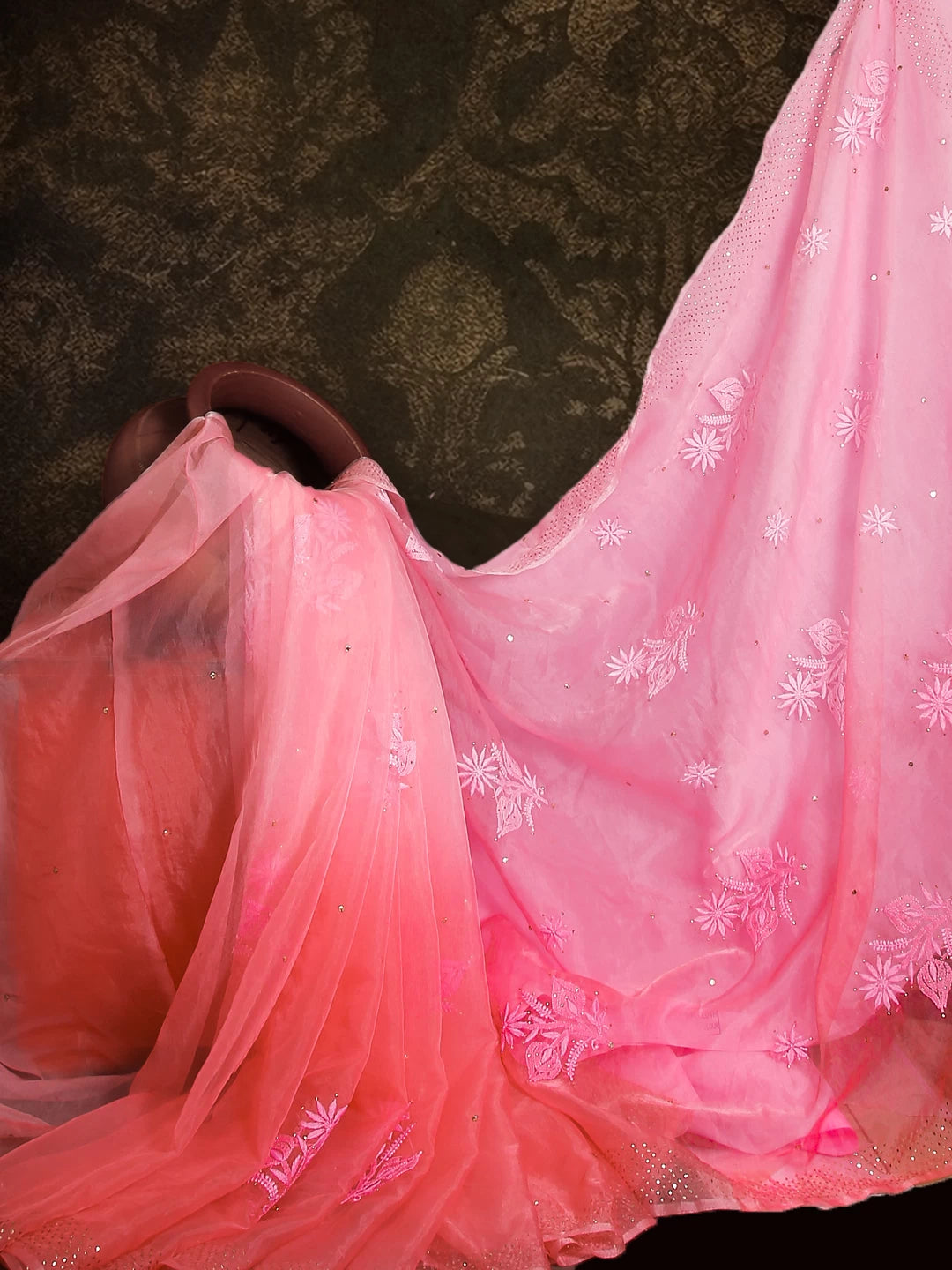 Ada Hand Embroidered Momo Peach Organza Lucknowi Chikankari Saree With Blouse And Mukaish Work 01A527914