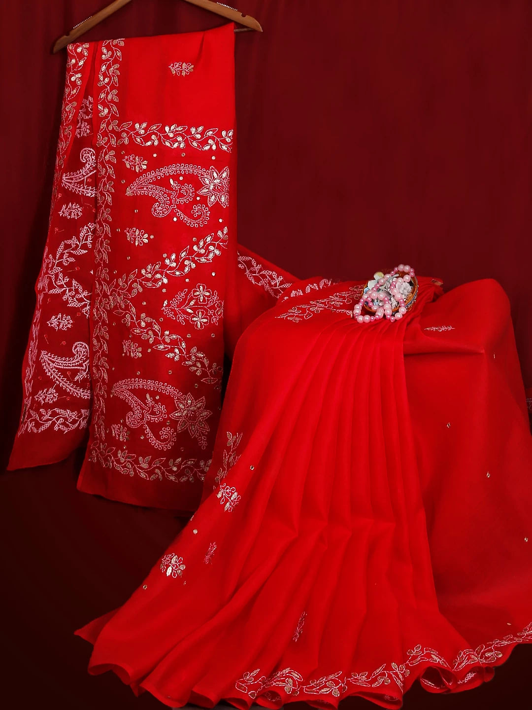 Ada Hand Embroidered Red Cotton Lucknowi Chikankari Saree With Blouse And Gota Patti Work 01A134216