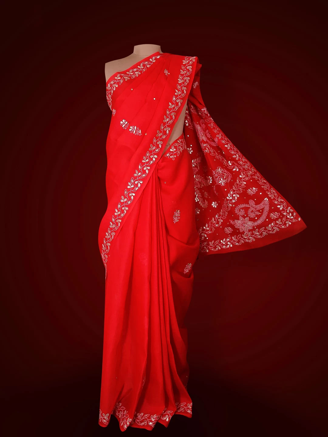 Ada Hand Embroidered Red Cotton Lucknowi Chikankari Saree With Blouse And Gota Patti Work 01A134216