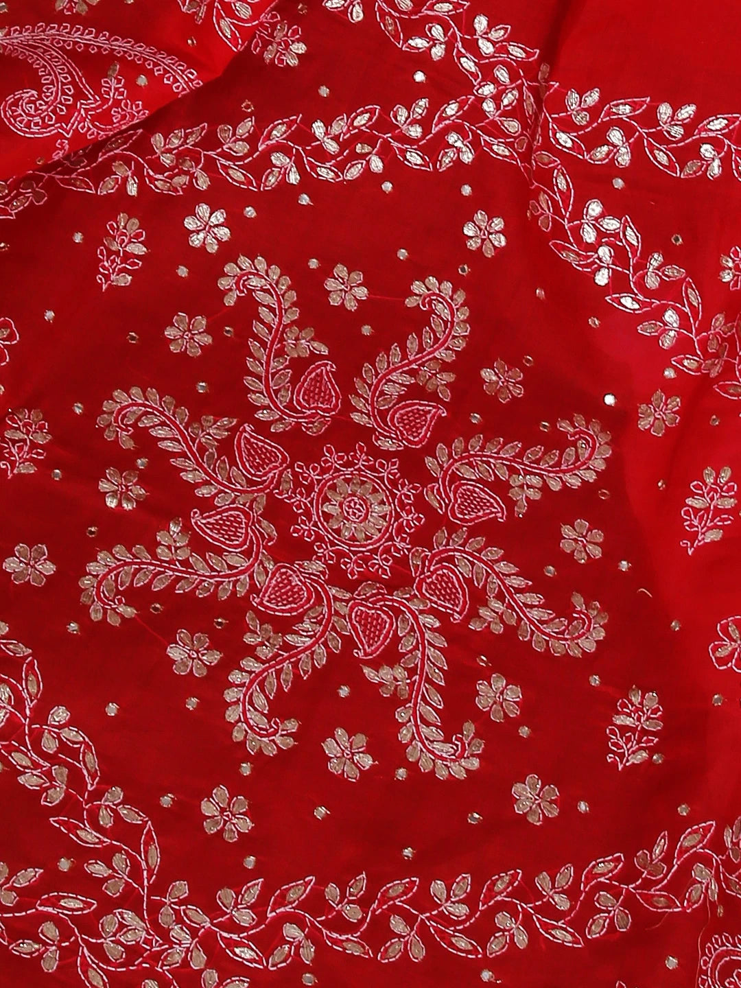 Ada Hand Embroidered Red Cotton Lucknowi Chikankari Saree With Blouse And Gota Patti Work 01A134216