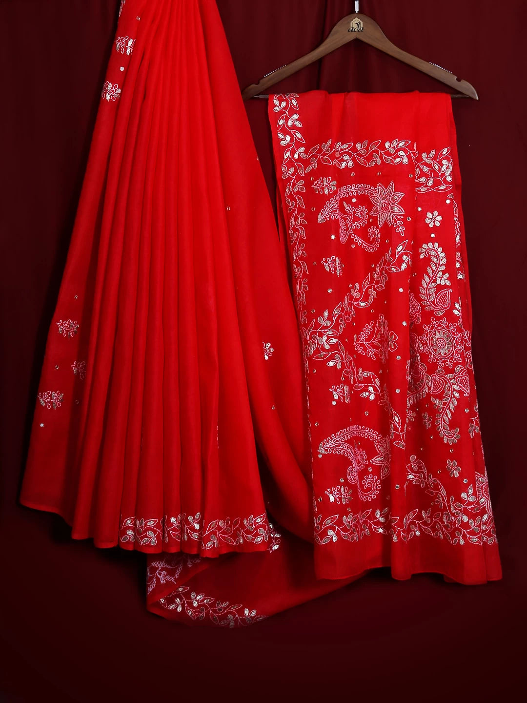 Ada Hand Embroidered Red Cotton Lucknowi Chikankari Saree With Blouse And Gota Patti Work 01A134216