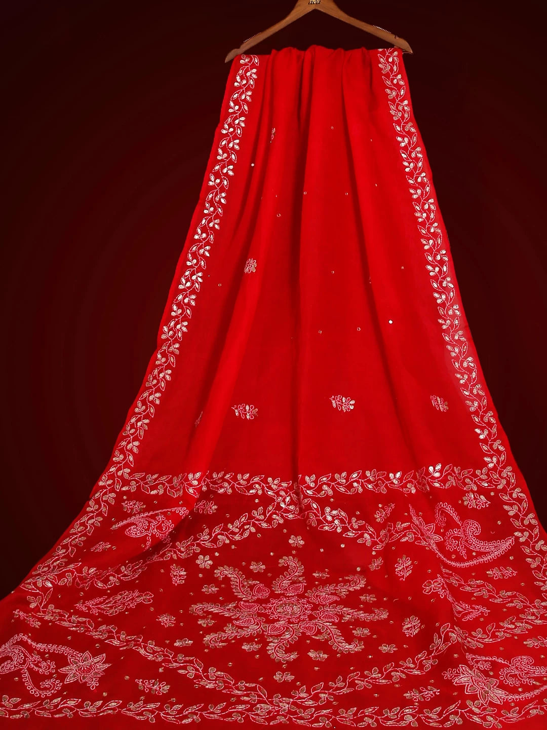 Ada Hand Embroidered Red Cotton Lucknowi Chikankari Saree With Blouse And Gota Patti Work 01A134216