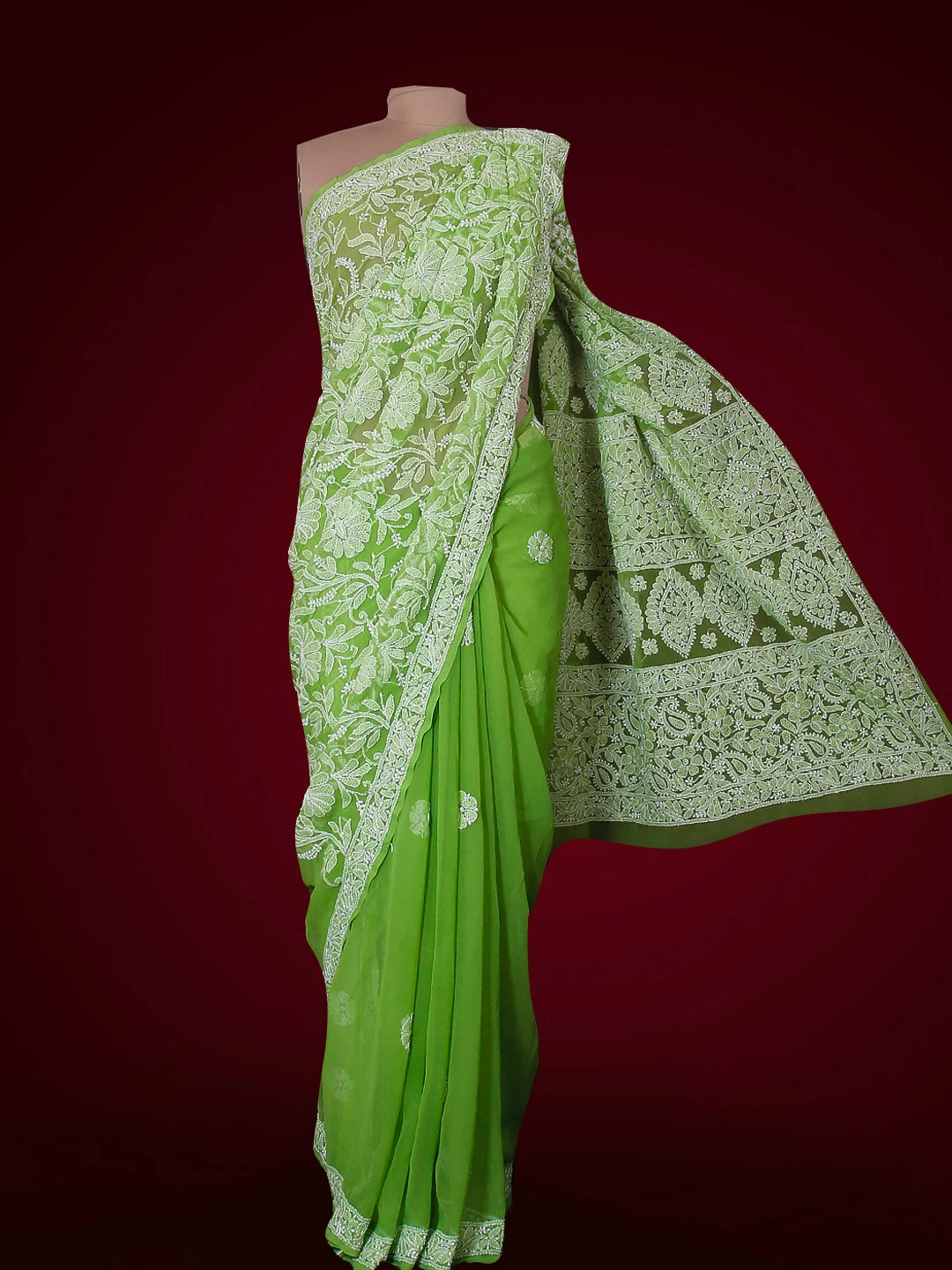 Ada Hand Embroidered Green Georgette Lucknowi Chikankari Saree with Blouse 01A492695