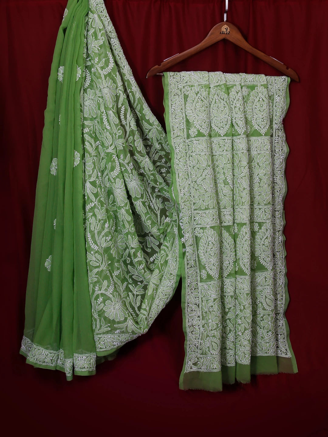 Ada Hand Embroidered Green Georgette Lucknowi Chikankari Saree with Blouse 01A492695