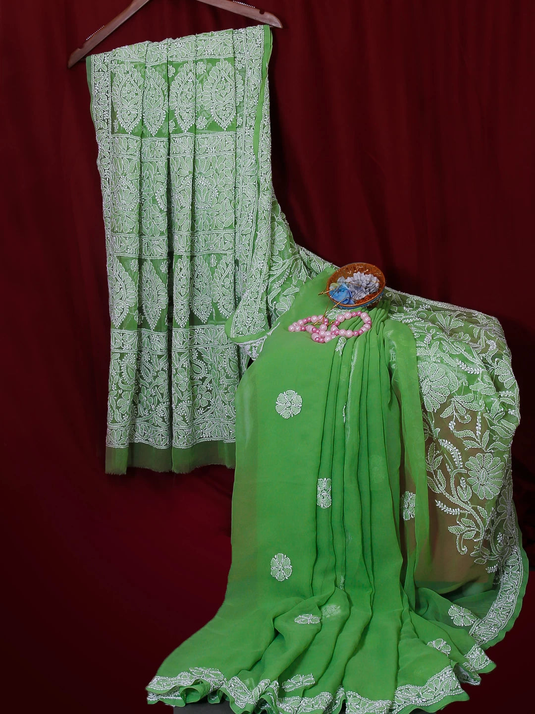 Ada Hand Embroidered Green Georgette Lucknowi Chikankari Saree with Blouse 01A492695