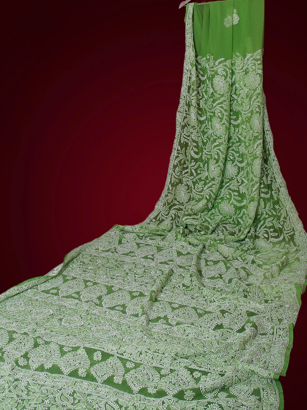 Ada Hand Embroidered Green Georgette Lucknowi Chikankari Saree with Blouse 01A492695