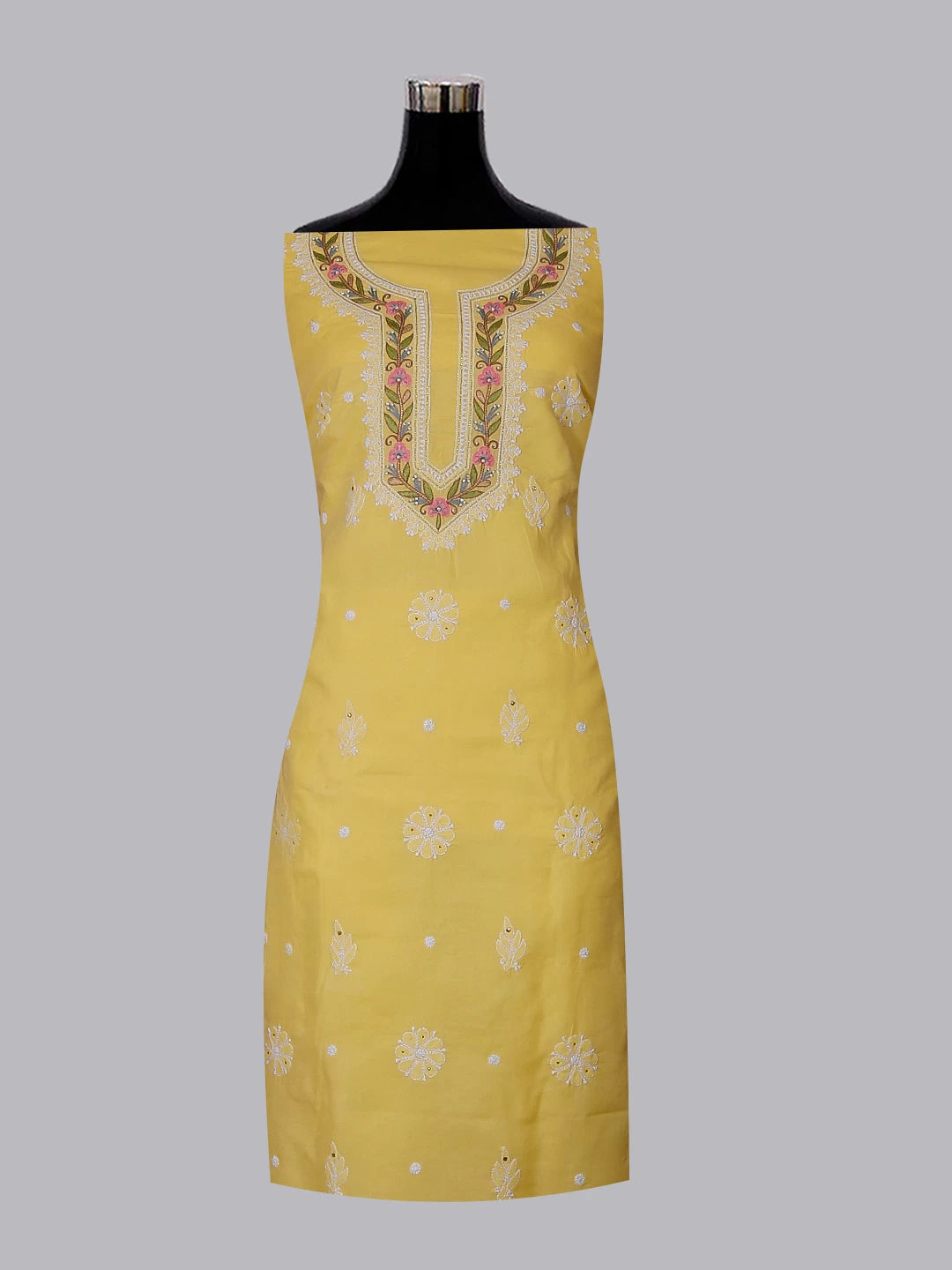 Ada Hand Embroidered Yellow Cotton Lucknowi Chikankari Unstitched Suit Piece With Parsi Work 01A488950