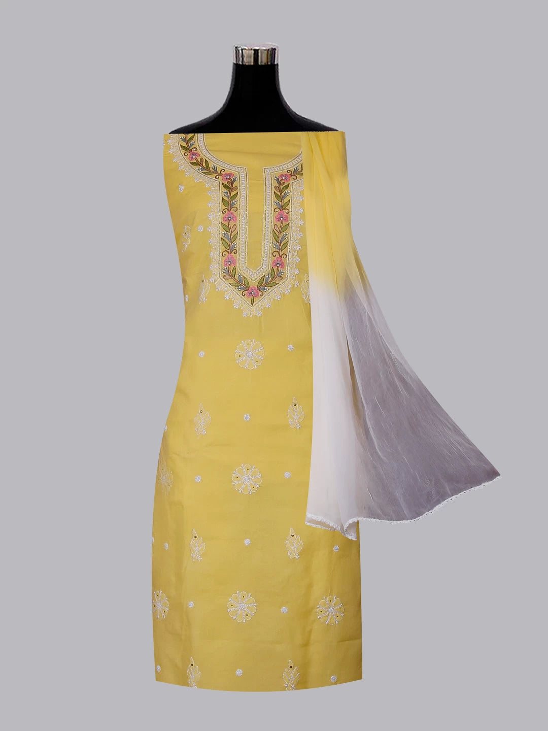Ada Hand Embroidered Yellow Cotton Lucknowi Chikankari Unstitched Suit Piece With Parsi Work 01A488950