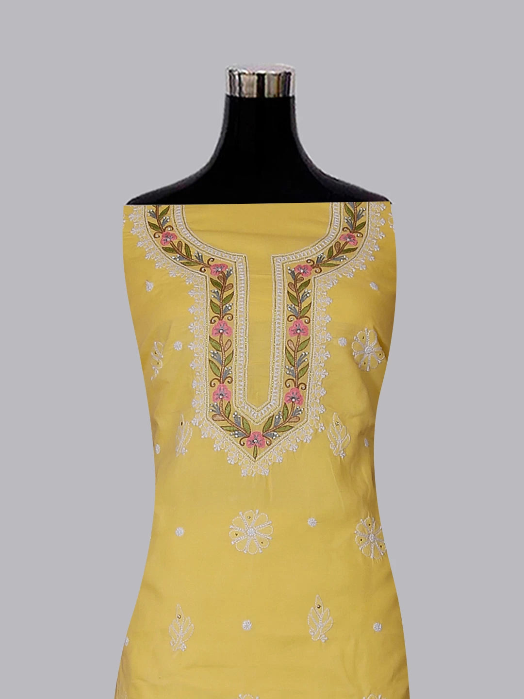 Ada Hand Embroidered Yellow Cotton Lucknowi Chikankari Unstitched Suit Piece With Parsi Work 01A488950