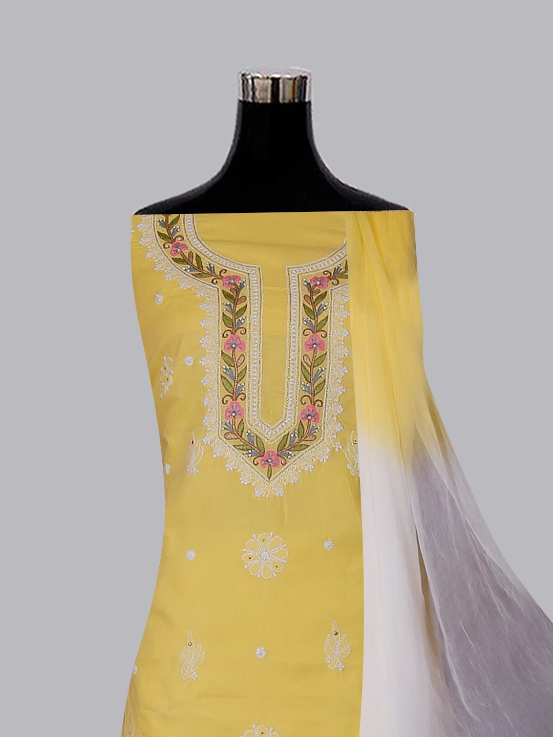 Ada Hand Embroidered Yellow Cotton Lucknowi Chikankari Unstitched Suit Piece With Parsi Work 01A488950
