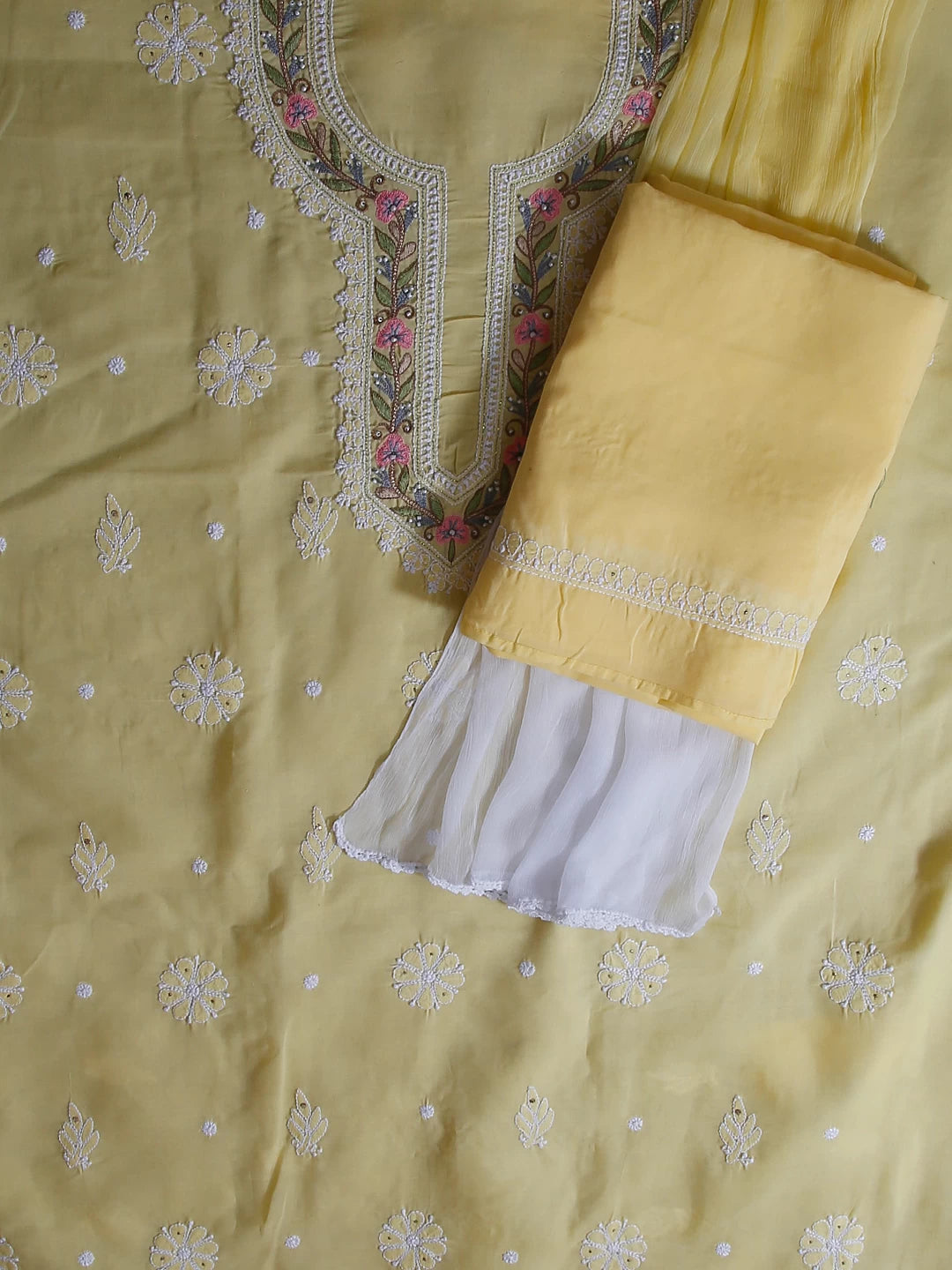 Ada Hand Embroidered Yellow Cotton Lucknowi Chikankari Unstitched Suit Piece With Parsi Work 01A488950