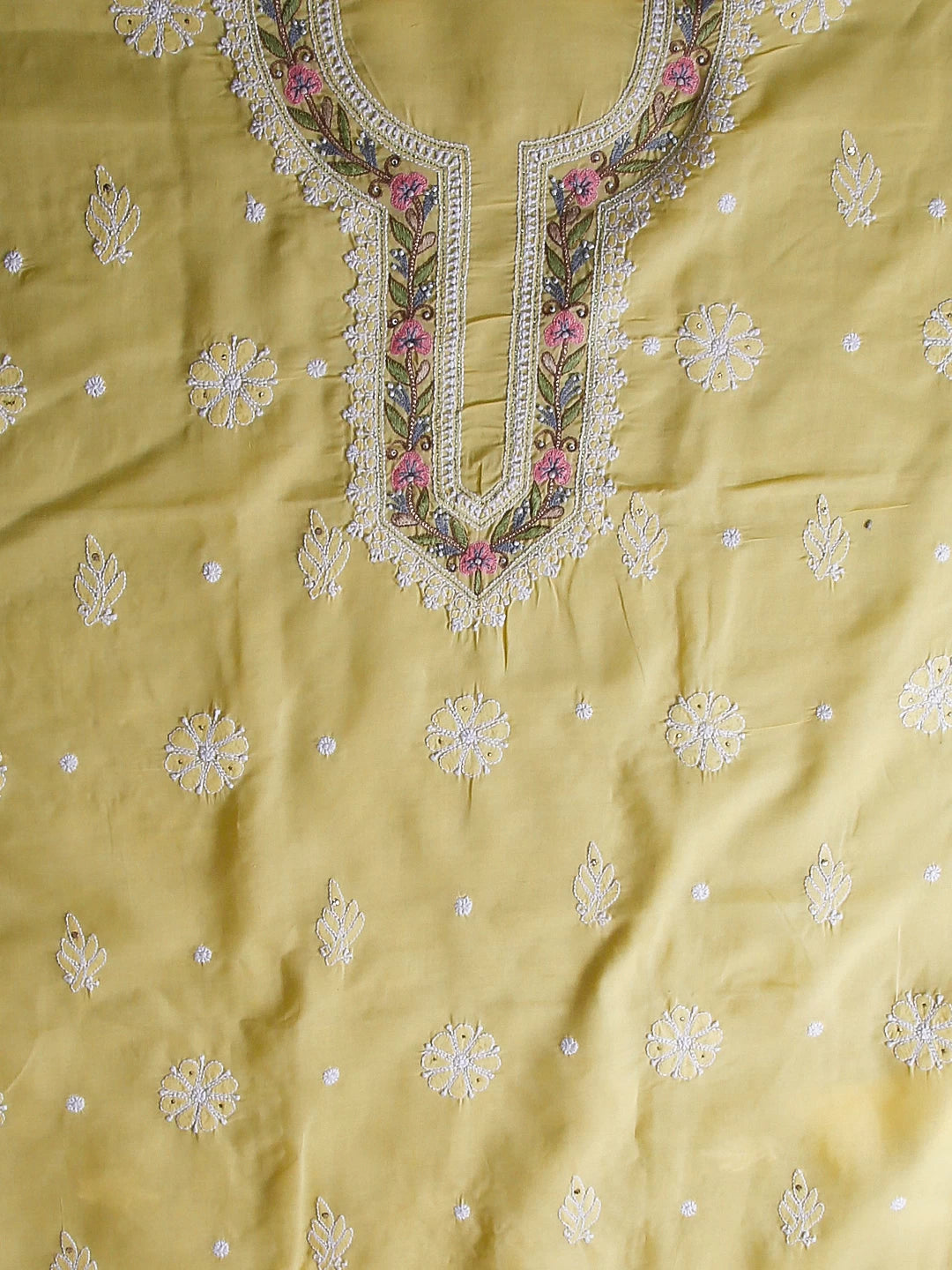 Ada Hand Embroidered Yellow Cotton Lucknowi Chikankari Unstitched Suit Piece With Parsi Work 01A488950